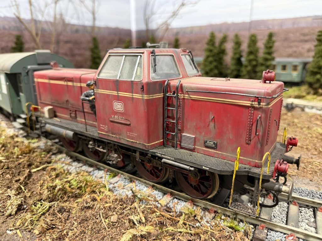 Close-up of a V65 Gauge 1 diesel locomotive